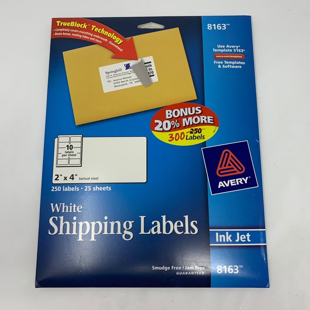 Avery Shipping Labels #8163 Inkjet 2" x 4" Size White Pack of 250